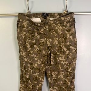 Floral camouflage cargo pants G by Giuliana. Embellished partial tux stripe.